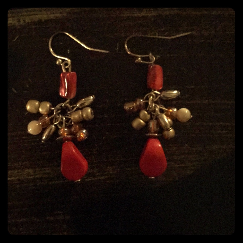 Red/coral and gold beaded earrings
